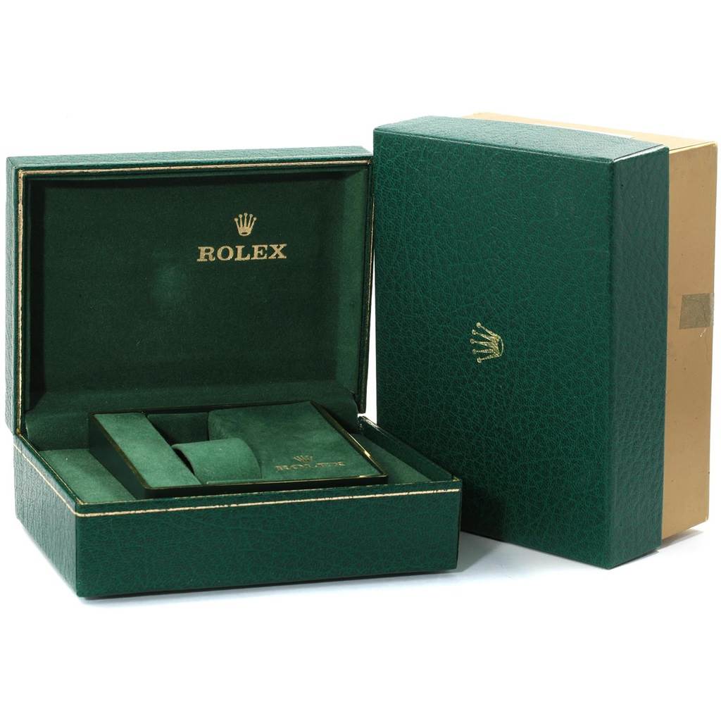 The image shows a green leather Rolex box and packaging for a Vintage Collection model, with the inner and outer boxes displayed.