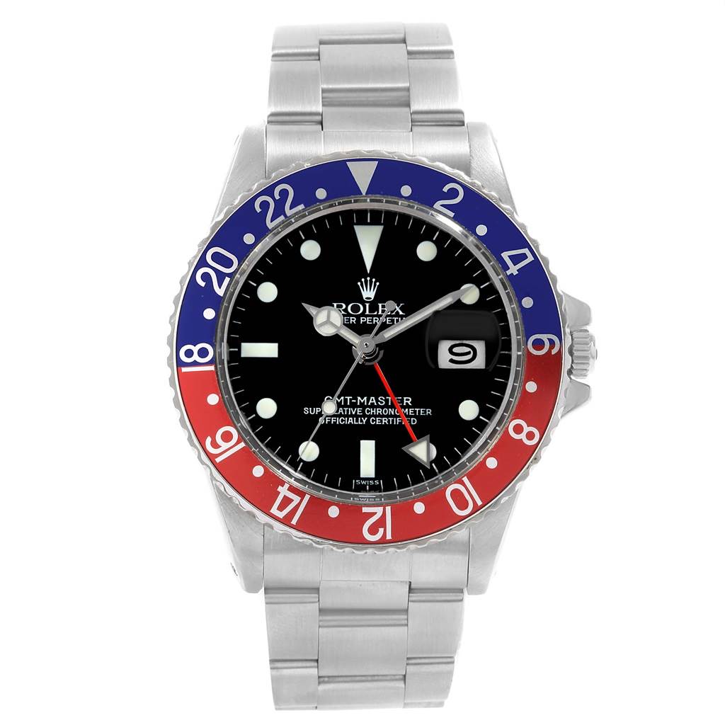 The image shows a front view of a Rolex Vintage Collection 1675 Men's Stainless Steel Black Dial 1675 Men's Stainless Steel Black Dial watch with a red-blue bezel and stainless steel bracelet.