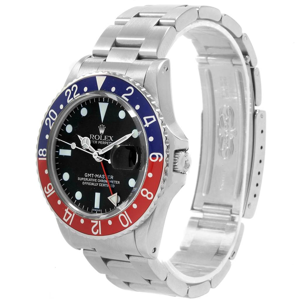 The image shows a front-side view of the Rolex Vintage Collection 1675 Men's Stainless Steel Black Dial 1675 Men's Stainless Steel Black Dial GMT-Master watch, highlighting the bezel, dial, and bracelet.