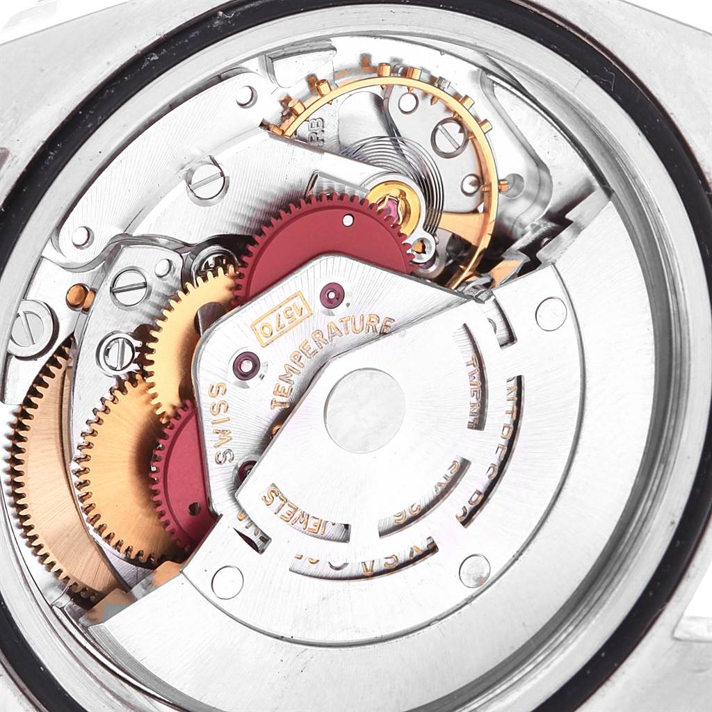 The image shows the internal mechanical movement of a Rolex Vintage Collection 1675 Men's Stainless Steel Black Dial 1675 Men's Stainless Steel Black Dial watch from a macro perspective.