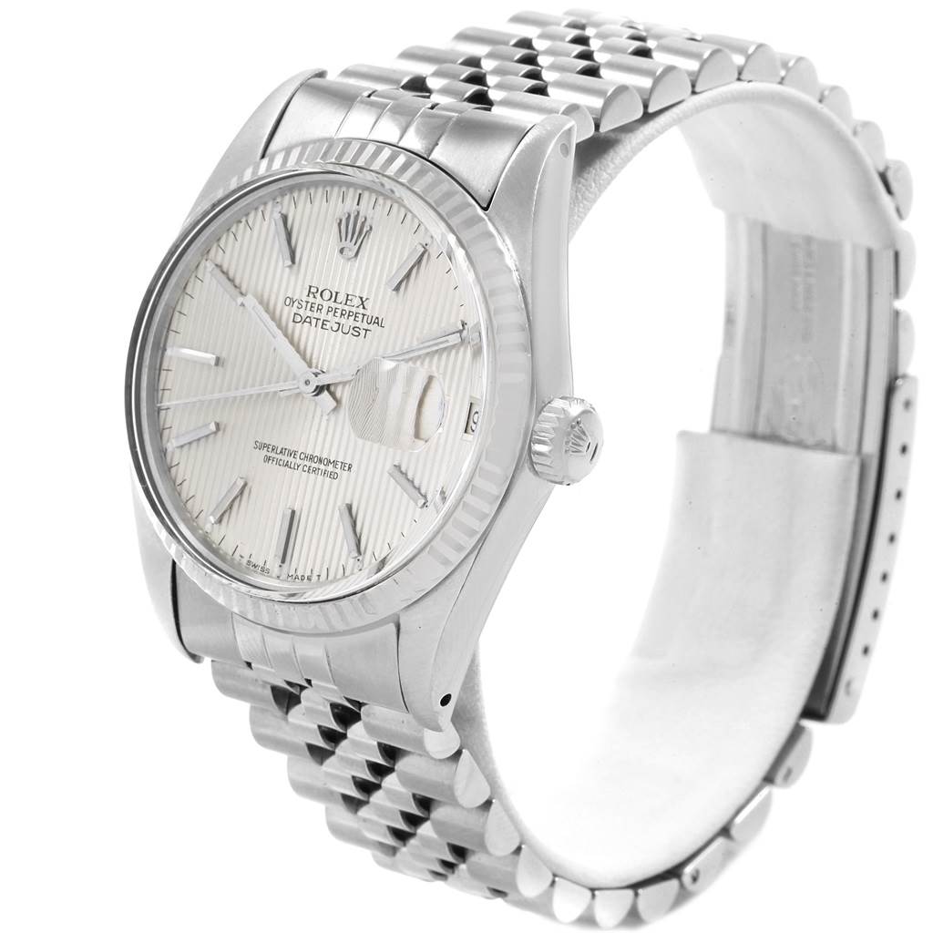 The Rolex Vintage Collection 16014 Men
s Stainless Steel Silver Dial 16014 Men
s Stainless Steel Silver Dial watch is shown from a front angle, highlighting the dial, bracelet, and crown.