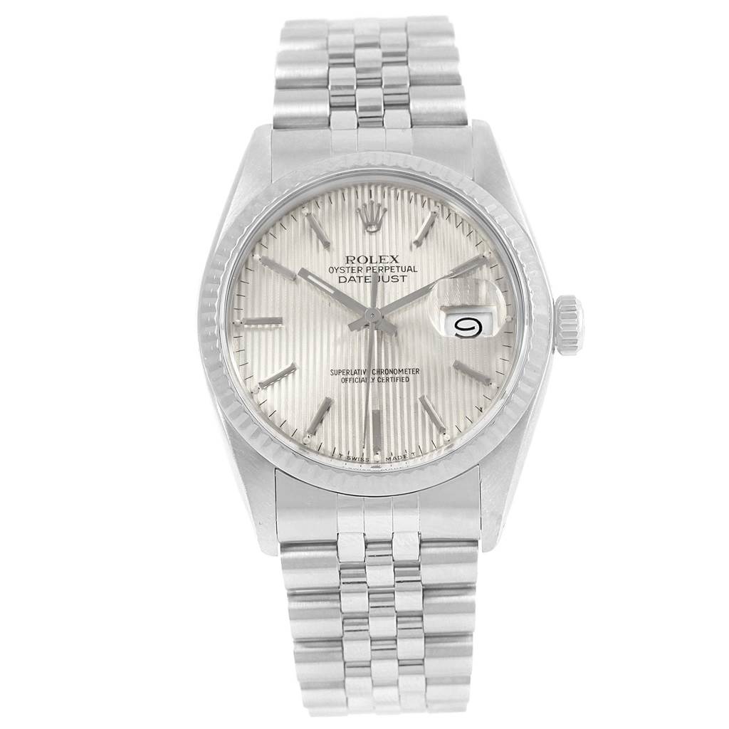 The image shows a Rolex Vintage Collection 16014 Men
s Stainless Steel Silver Dial 16014 Men
s Stainless Steel Silver Dial model watch, viewed from the front, displaying the dial, case, bezel, and bracelet.