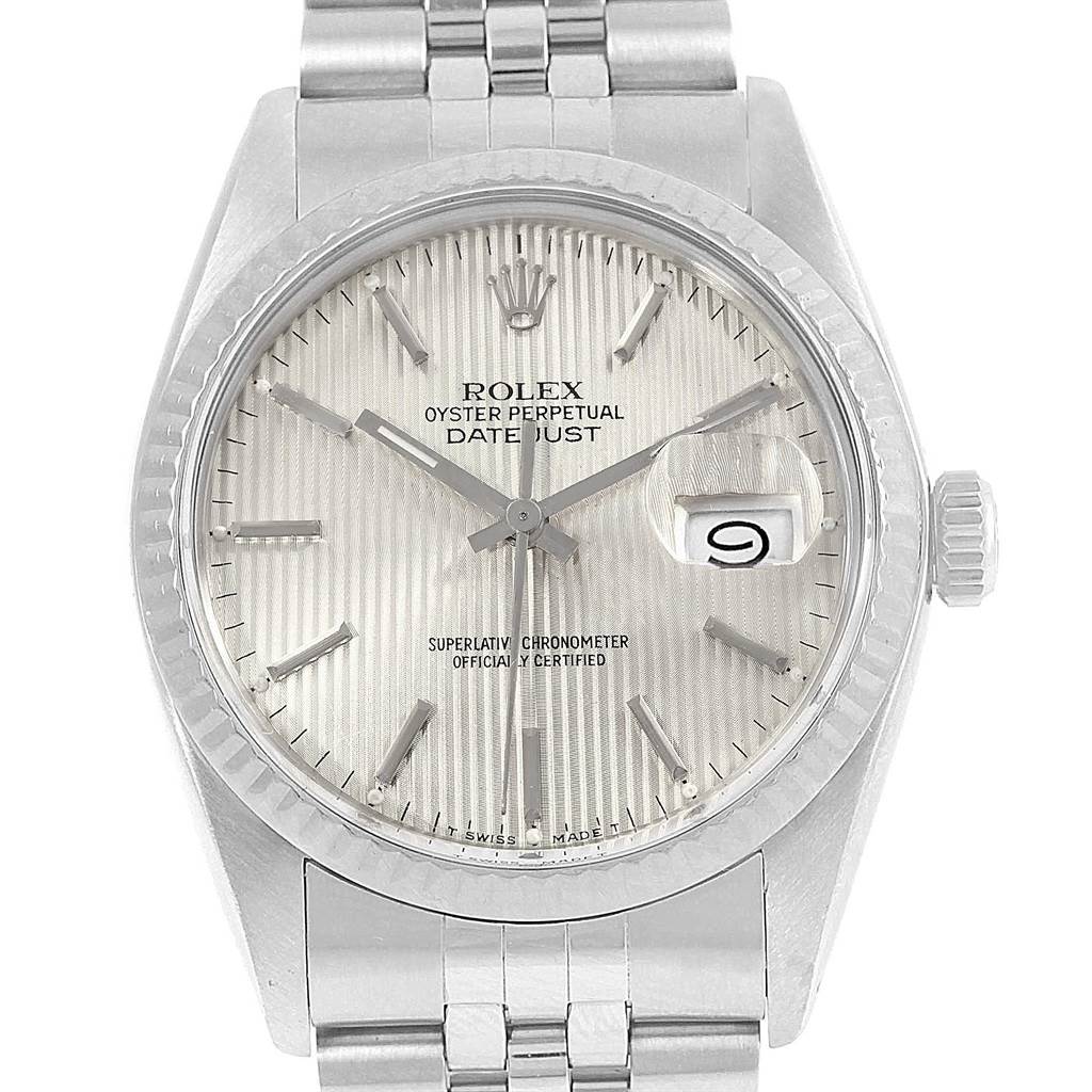 This is a front view of the Rolex Vintage Collection 16014 Men
s Stainless Steel Silver Dial 16014 Men
s Stainless Steel Silver Dial Oyster Perpetual Datejust watch, showing the dial, hands, date window, and crown.