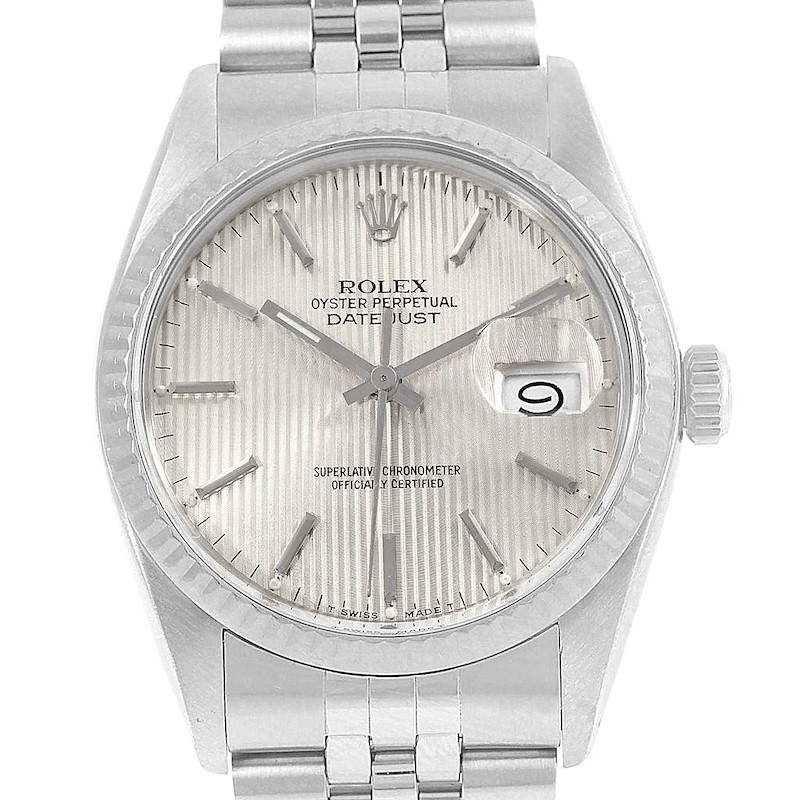 Rolex Datejust Vintage Steel White Gold Tapestry Dial Mens Watch 16014 SwissWatchExpo