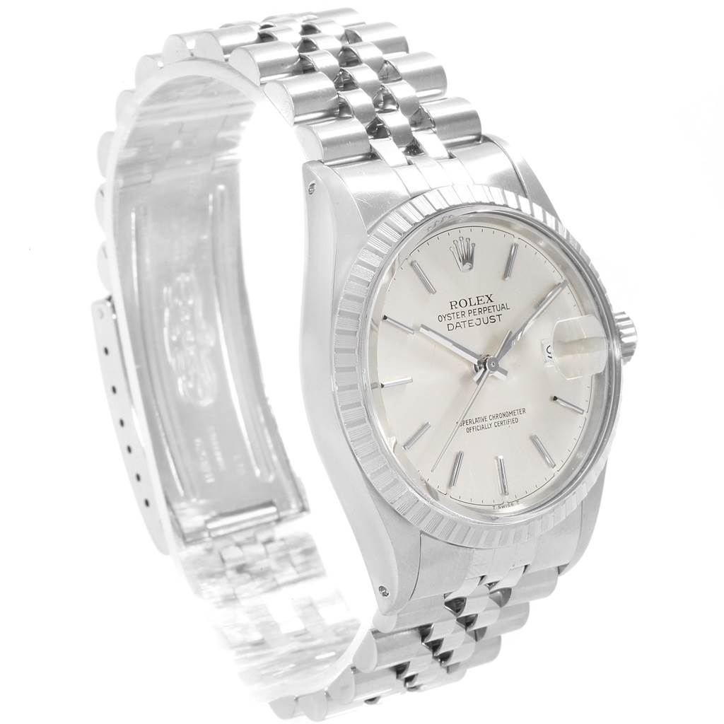The image shows a Rolex Vintage Collection 16030 Men's Stainless Steel Silver Dial 16030 Men's Stainless Steel Silver Dial Datejust watch with a silver dial, fluted bezel, and jubilee bracelet from a front-left angle.