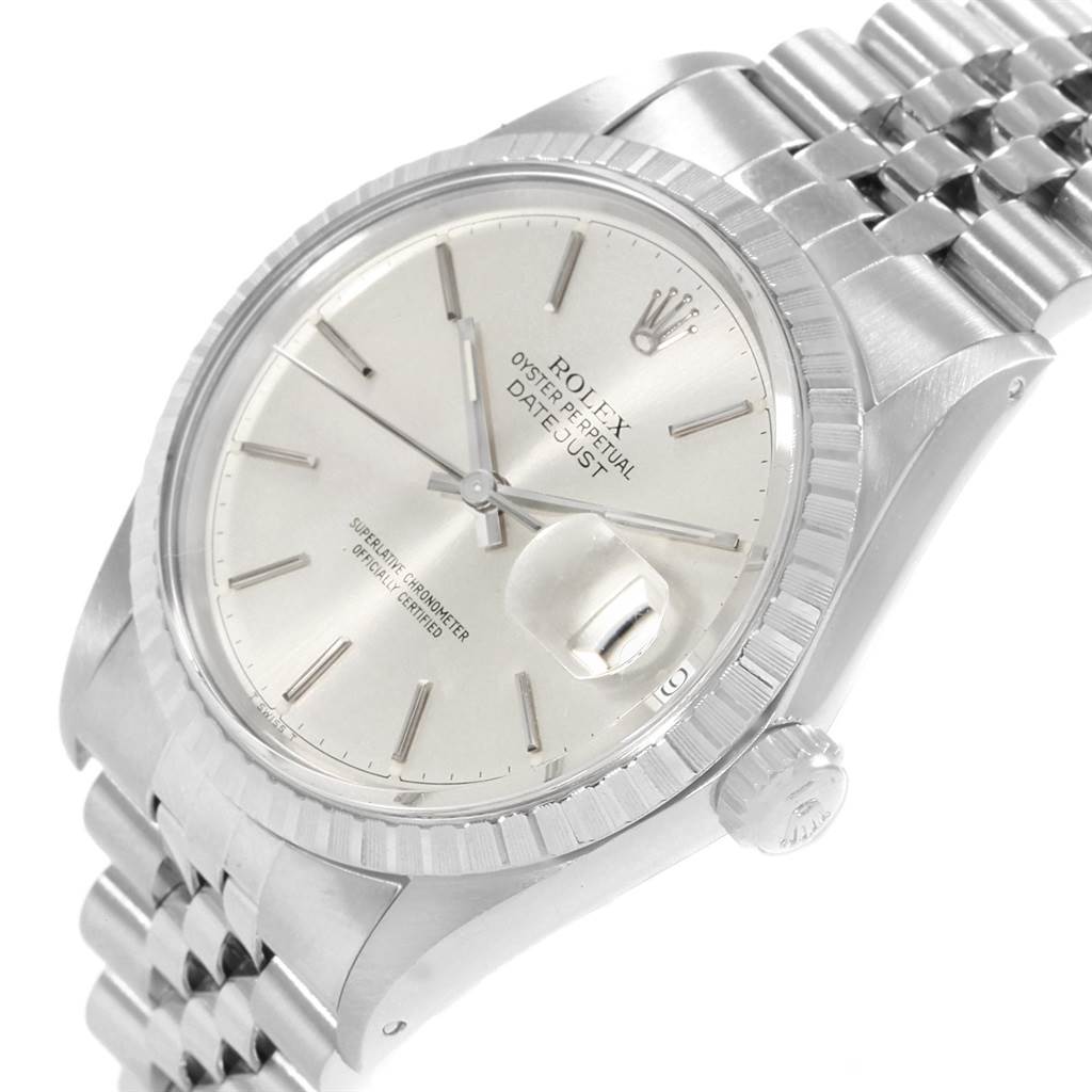 This is a close-up angle of the Rolex Vintage Collection 16030 Men's Stainless Steel Silver Dial 16030 Men's Stainless Steel Silver Dial Datejust, showing the dial, crown, and bracelet.