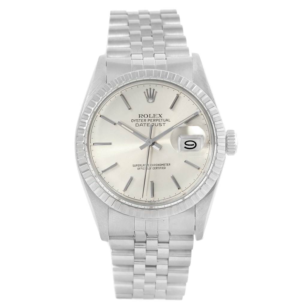 The watch is a Rolex Datejust from the Vintage Collection, viewed from the front, showing the dial, hands, and bracelet.