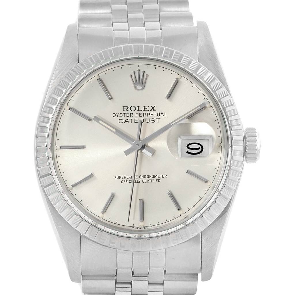 The image shows a front view of a Rolex Vintage Collection 16030 Men's Stainless Steel Silver Dial 16030 Men's Stainless Steel Silver Dial Datejust, highlighting the dial, hands, date window, and bracelet.