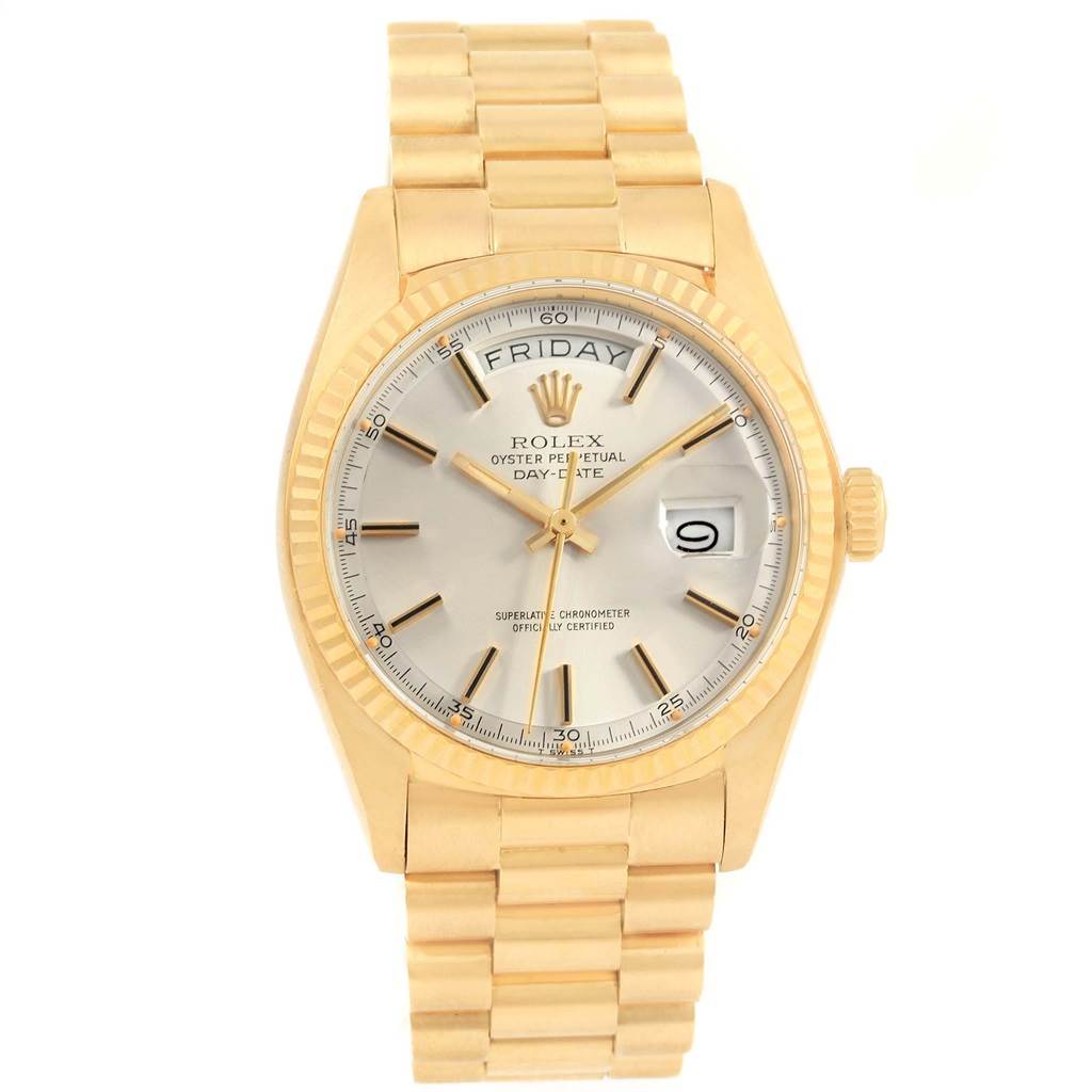 This is a front view of a Rolex Vintage Collection 1803 Men's Yellow Gold Silver Dial 1803 Men's Yellow Gold Silver Dial watch, showing the face, bezel, and bracelet directly.