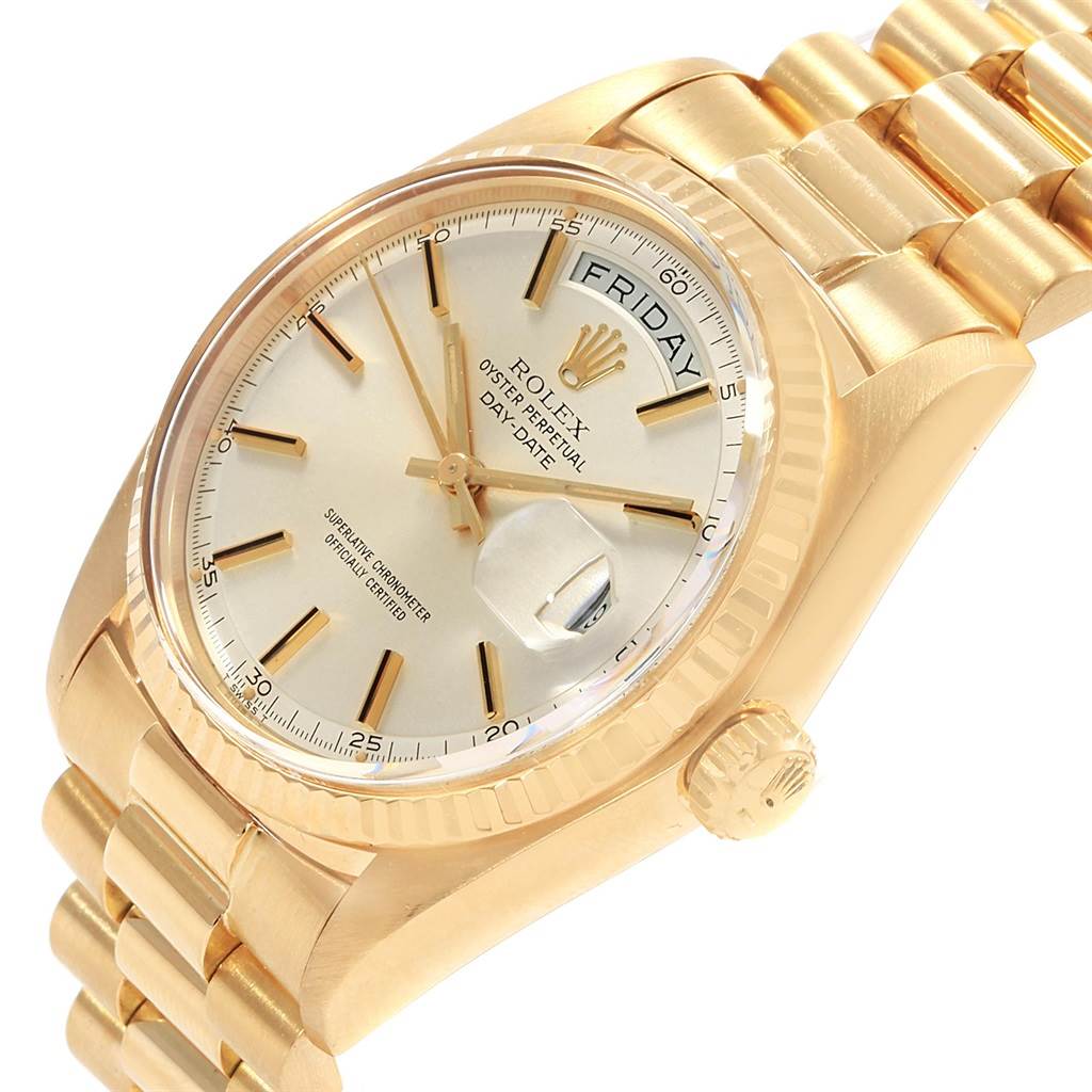 The image shows a Rolex Vintage Collection 1803 Men's Yellow Gold Silver Dial 1803 Men's Yellow Gold Silver Dial model watch at a three-quarter angle emphasizing the dial, crown, and bracelet.