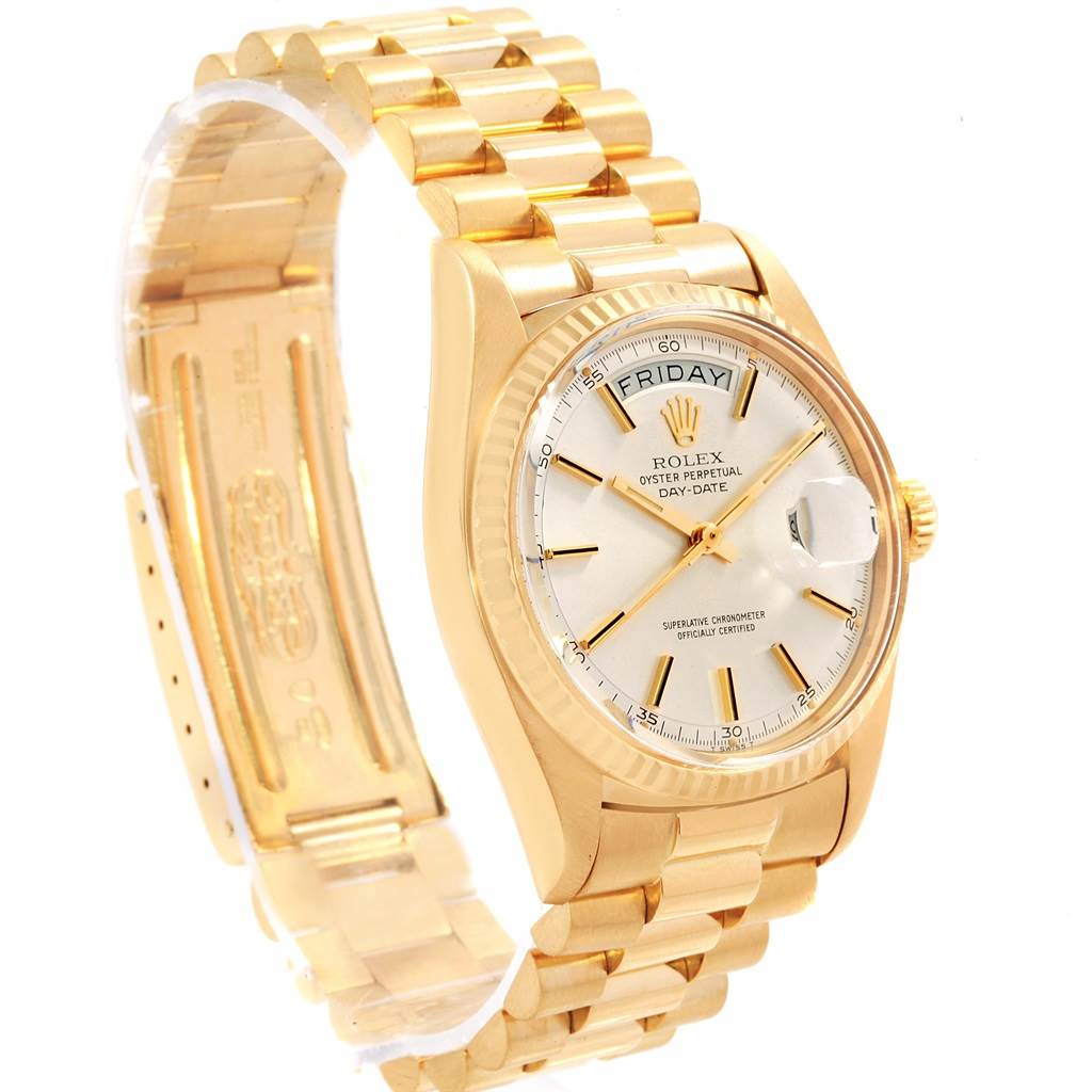 The image shows a side view of the gold Rolex Vintage Collection 1803 Men's Yellow Gold Silver Dial 1803 Men's Yellow Gold Silver Dial watch, focusing on the face, dial, and bracelet.