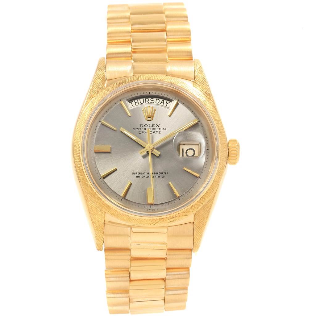 The image shows a frontal view of the Rolex Oyster Perpetual Day-Date Vintage Collection watch, featuring a gold band and dial.