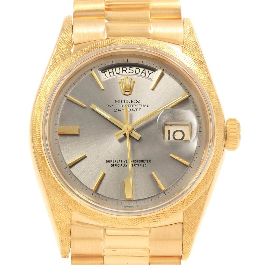 The Rolex Vintage Collection 1806 Men's Yellow Gold Grey Dial 1806 Men's Yellow Gold Grey Dial model is shown at a front-facing angle, highlighting its dial, day-date display, and gold bracelet.