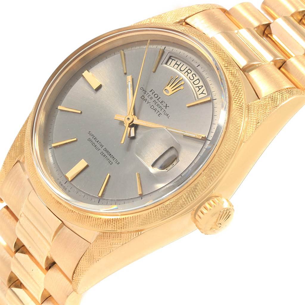 The image shows a Rolex Vintage Collection 1806 Men's Yellow Gold Grey Dial 1806 Men's Yellow Gold Grey Dial watch at an oblique angle, highlighting the face, bezel, and part of the bracelet.