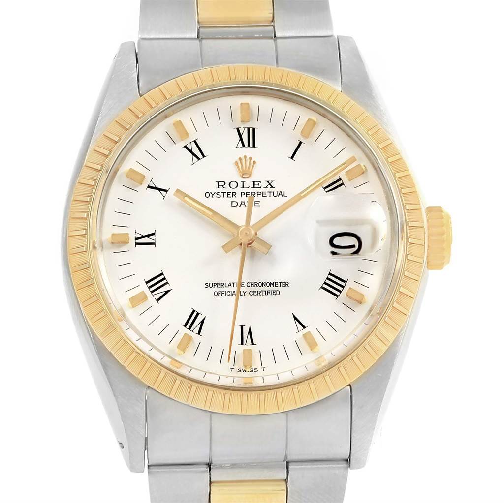 The Rolex Vintage Collection 1505 Men's Steel and Gold (two tone) White Dial 1505 Men's Steel and Gold (two tone) White Dial model is shown from the front, displaying the dial, hands, bezel, and part of the bracelet.