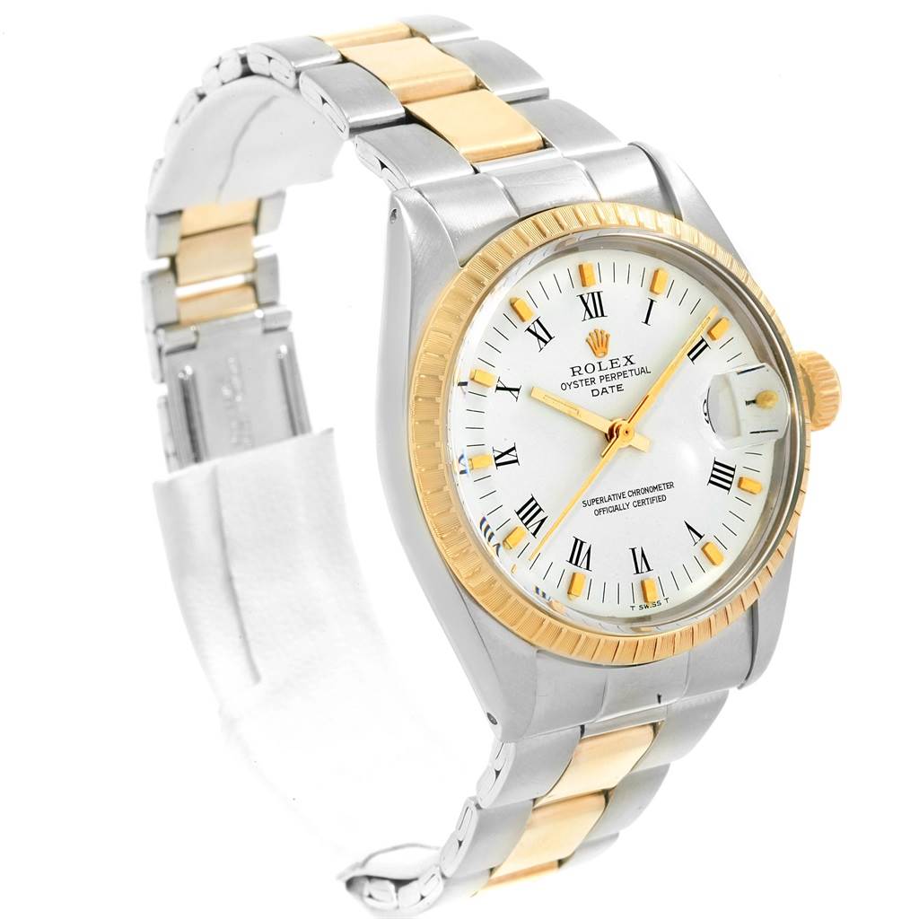 This image shows a side-angle view of the Rolex Vintage Collection 1505 Men's Steel and Gold (two tone) White Dial 1505 Men's Steel and Gold (two tone) White Dial model watch, displaying the face, bezel, crown, and bracelet.