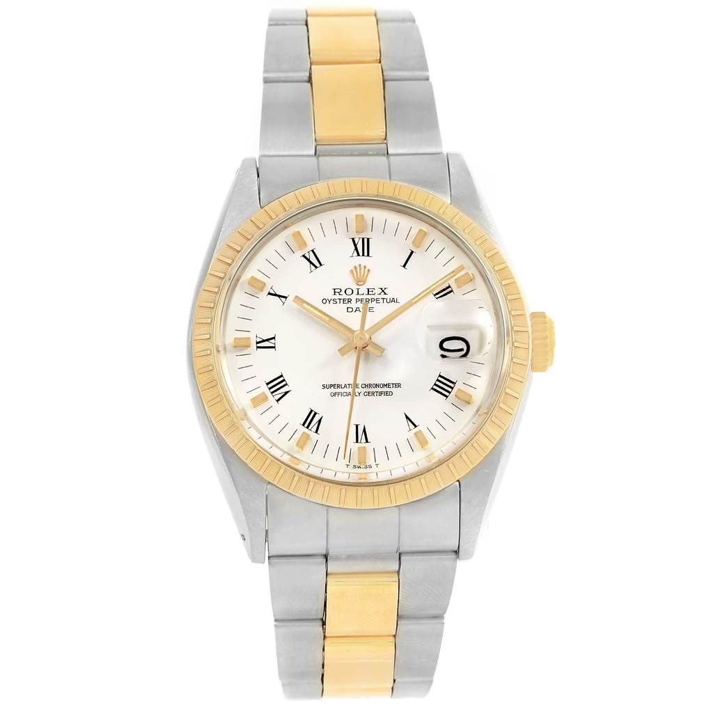 The image shows a front view of a Rolex Vintage Collection 1505 Men's Steel and Gold (two tone) White Dial 1505 Men's Steel and Gold (two tone) White Dial watch with a metal and gold bracelet, white dial, and date display.