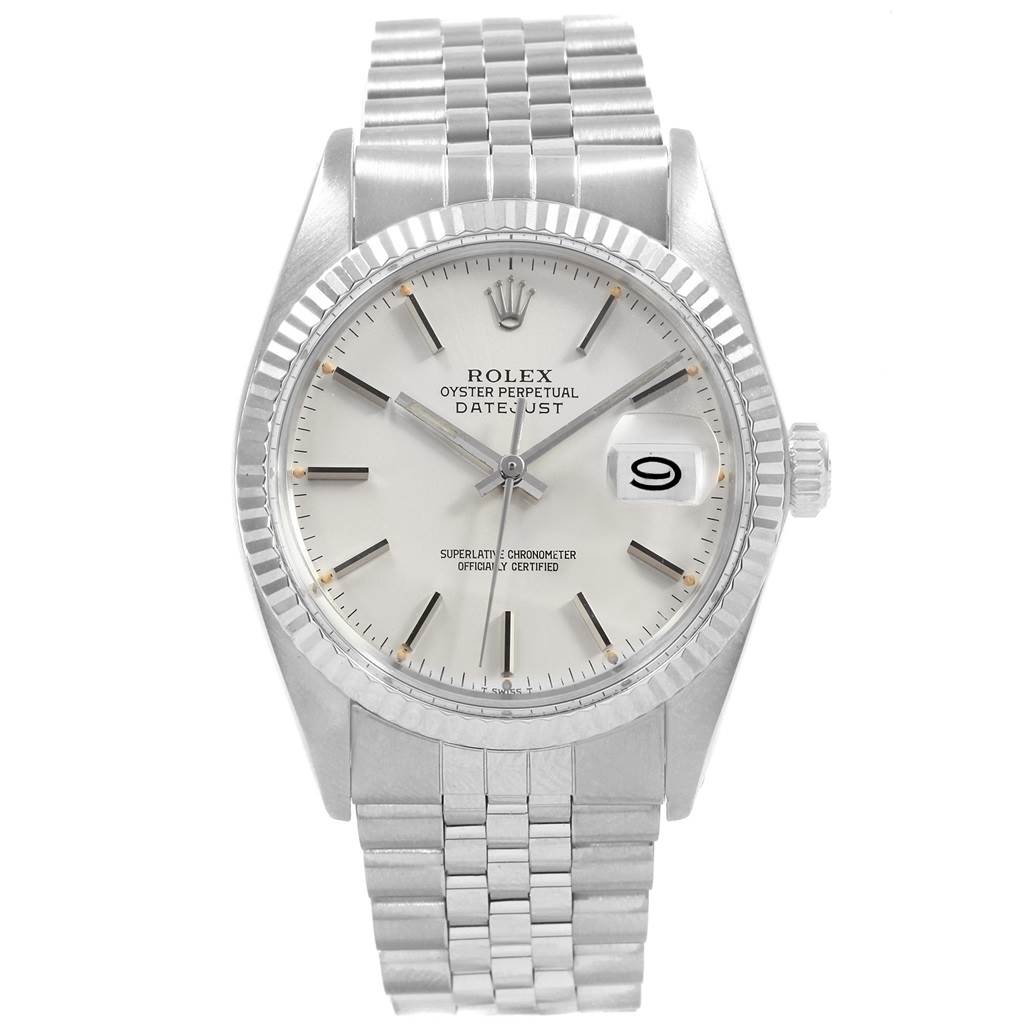 This image shows a front view of the Rolex Vintage Collection 16014 Men's Stainless Steel Silver Dial 16014 Men's Stainless Steel Silver Dial Datejust watch, displaying its dial, hands, date window, and bracelet.