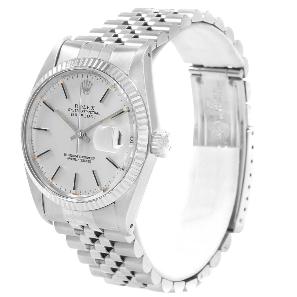 The image shows a Rolex Vintage Collection 16014 Men's Stainless Steel Silver Dial 16014 Men's Stainless Steel Silver Dial Datejust watch at a slight angle, displaying its face, crown, and band.