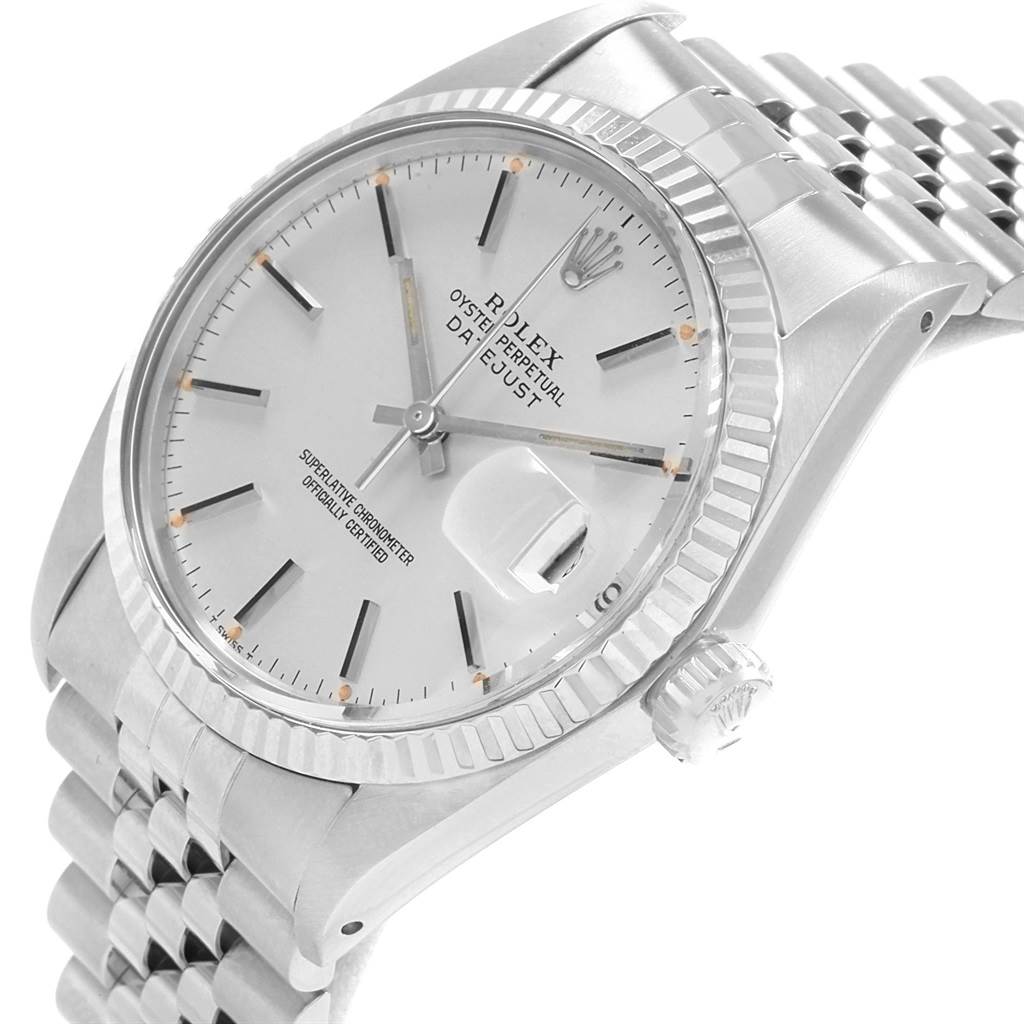 The image shows a close-up angle of the face, crown, and part of the bracelet of the Vintage Collection Rolex Oyster Perpetual Datejust.