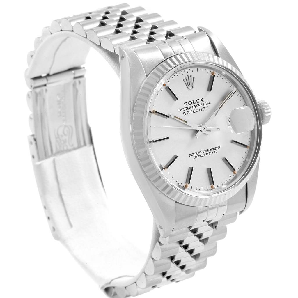 The image shows a side angle of the Rolex Vintage Collection 16014 Men's Stainless Steel Silver Dial 16014 Men's Stainless Steel Silver Dial watch, highlighting the dial, bezel, and bracelet.