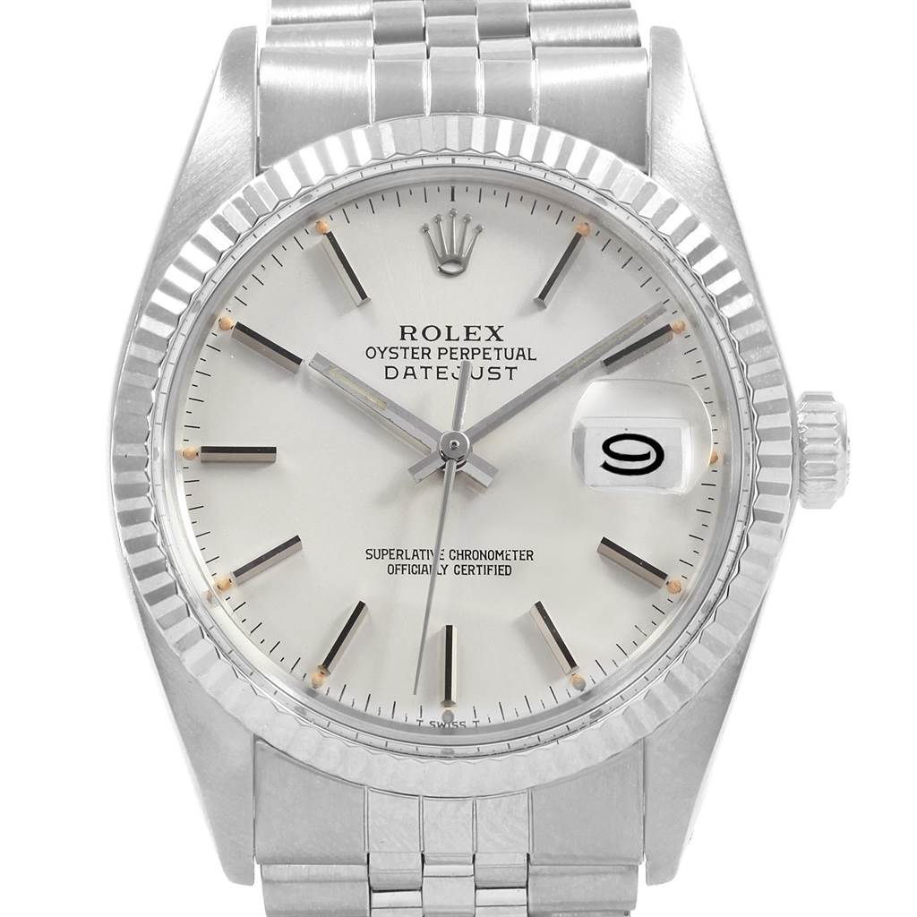 The image shows a front view of the Rolex Vintage Collection 16014 Men's Stainless Steel Silver Dial 16014 Men's Stainless Steel Silver Dial Oyster Perpetual Datejust watch with clear visibility of the dial and bracelet.