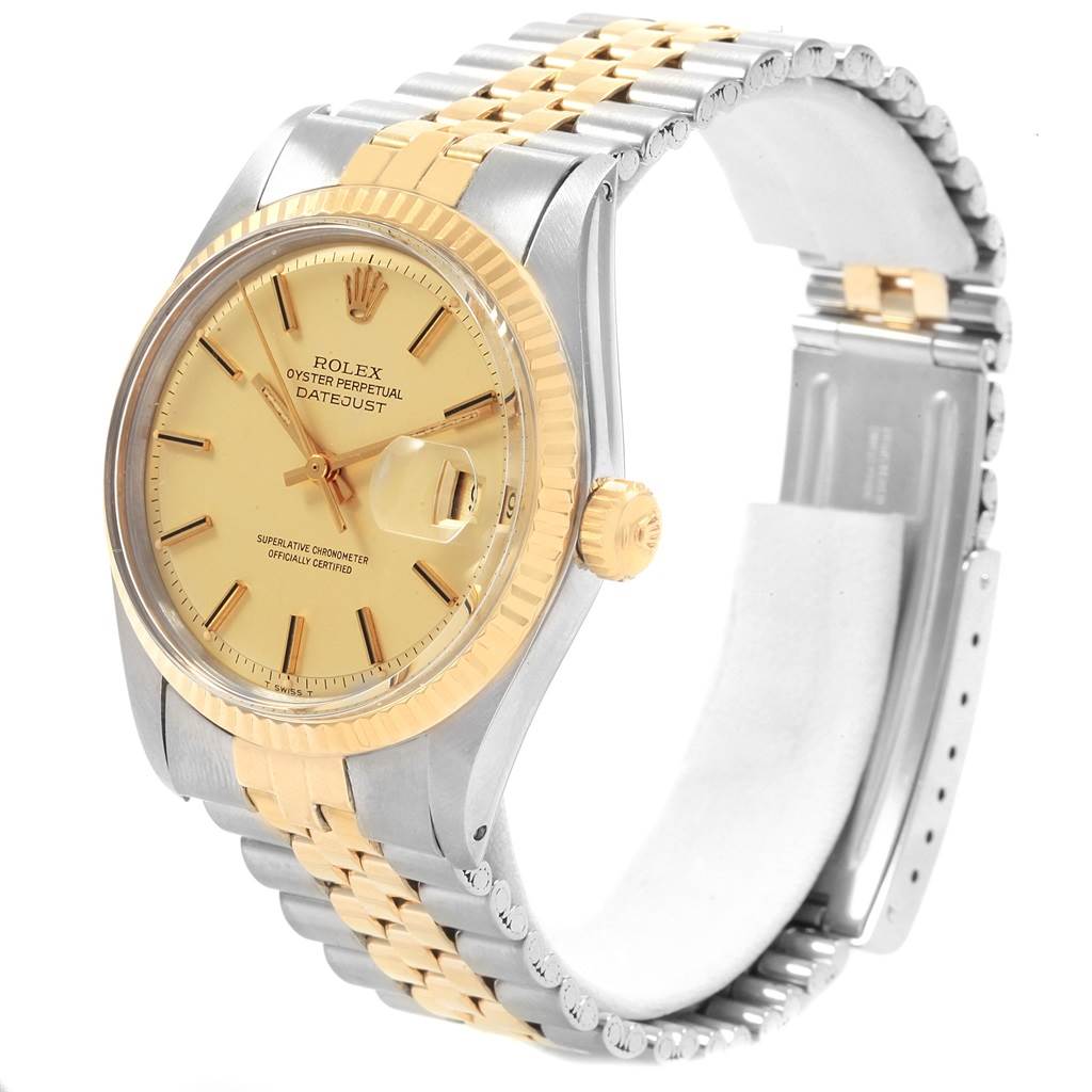 The Rolex Vintage Collection 1601 Men's Steel and Gold (two tone) Champagne Dial 1601 Men's Steel and Gold (two tone) Champagne Dial model watch is shown at a slight side angle, displaying the face, bezel, crown, and bracelet.