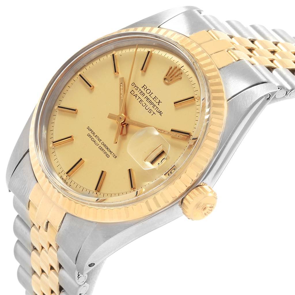 The image shows a side angle of a Vintage Collection Rolex Datejust watch, highlighting the dial, case, bezel, and part of the bracelet.