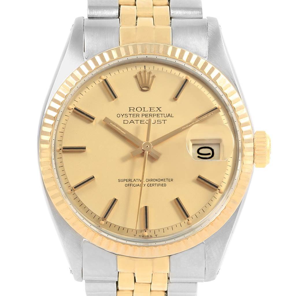 The image shows a Rolex Vintage Collection 1601 Men's Steel and Gold (two tone) Champagne Dial 1601 Men's Steel and Gold (two tone) Champagne Dial Datejust watch from a top-down angle, featuring the dial, bezel, crown, and bracelet.