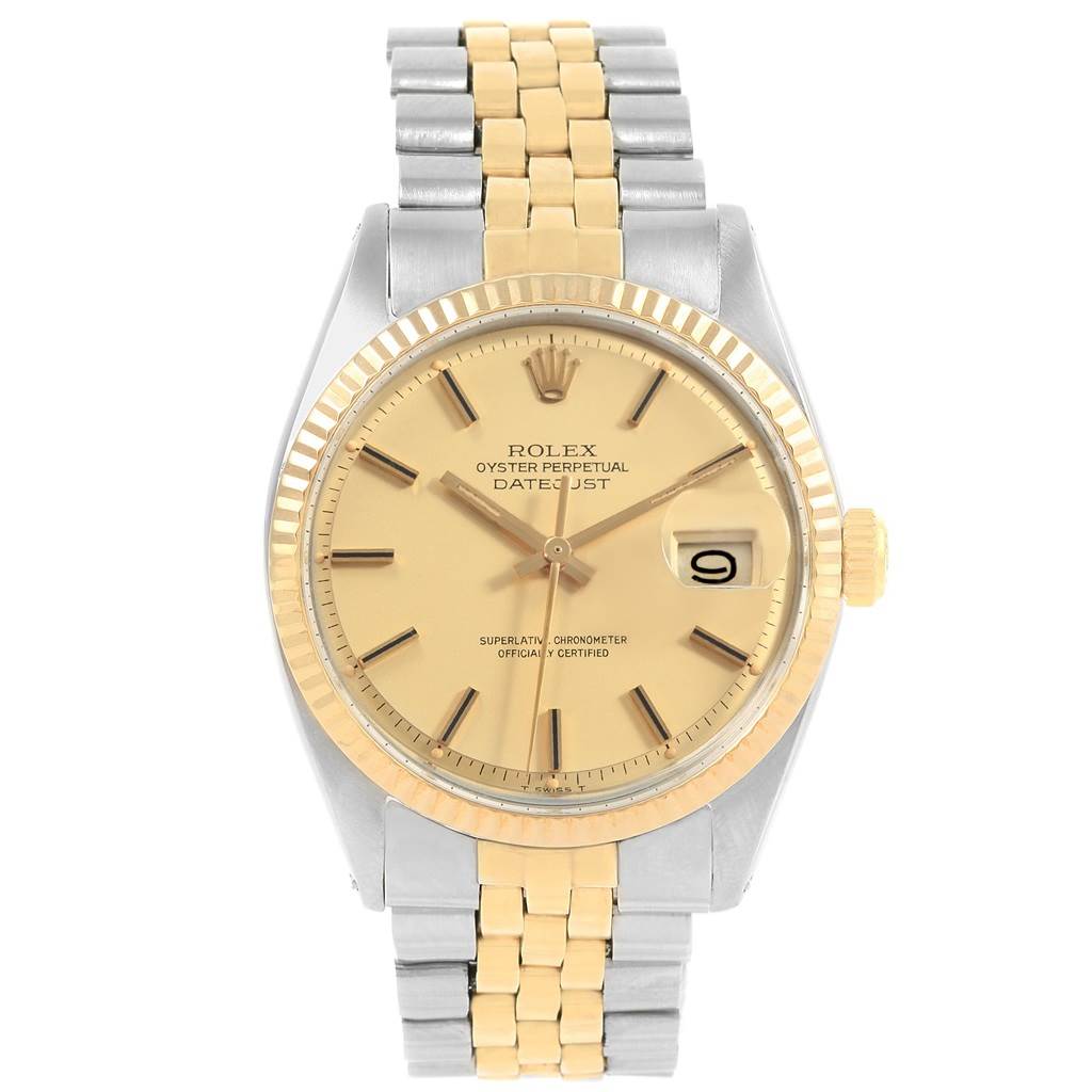 The image shows a front view of the Rolex Vintage Collection 1601 Men's Steel and Gold (two tone) Champagne Dial 1601 Men's Steel and Gold (two tone) Champagne Dial Datejust model, displaying its dial, bezel, and bracelet.