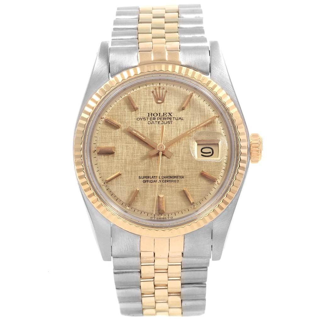 The image shows a frontal view of the Rolex Vintage Collection 1601 Men's Steel and Gold (two tone) Champagne Dial 1601 Men's Steel and Gold (two tone) Champagne Dial Oyster Perpetual Datejust watch, featuring a gold and silver bracelet.