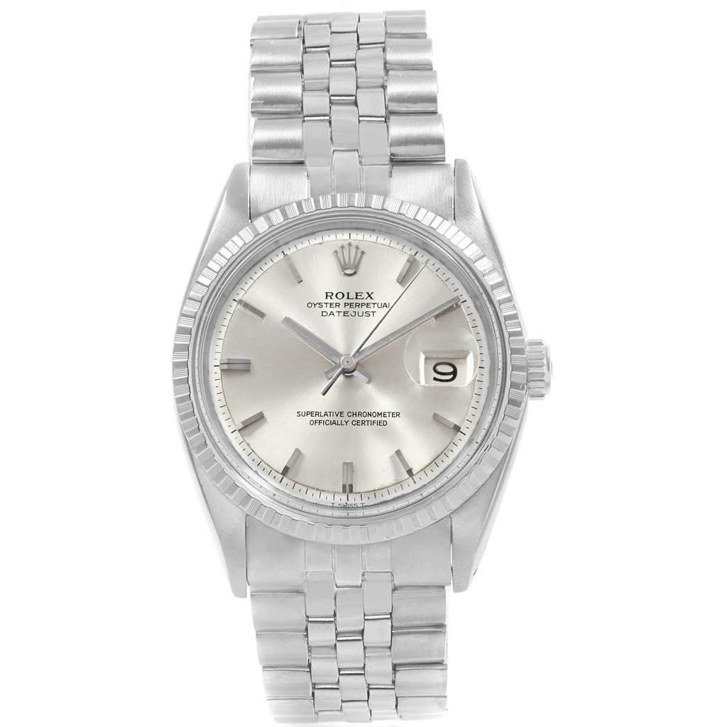 The image shows a front view of the Rolex Vintage Collection 1601 Men's Stainless Steel Silver Dial 1601 Men's Stainless Steel Silver Dial model, displaying the watch face, dial, bracelet, and date window.