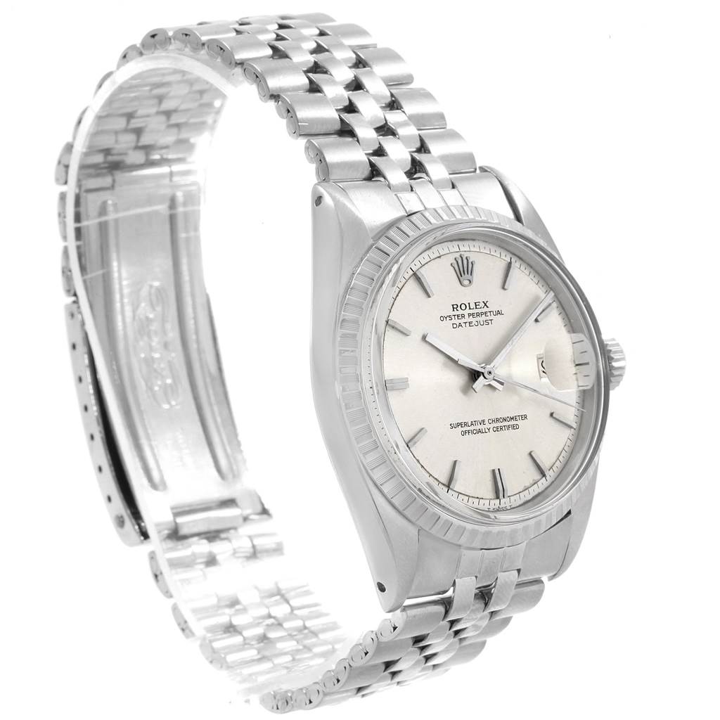 This image shows a Rolex Vintage Collection 1601 Men's Stainless Steel Silver Dial 1601 Men's Stainless Steel Silver Dial Oyster Perpetual Datejust watch from a right-side angle, displaying the face, bezel, crown, and bracelet.