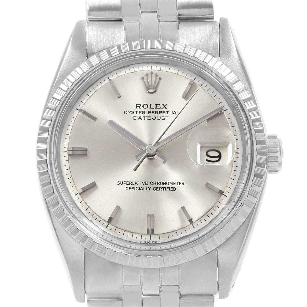 The image shows a front view of a Rolex Vintage Collection 1601 Men's Stainless Steel Silver Dial 1601 Men's Stainless Steel Silver Dial Oyster Perpetual Datejust watch, highlighting the dial, hands, date window, and bracelet.
