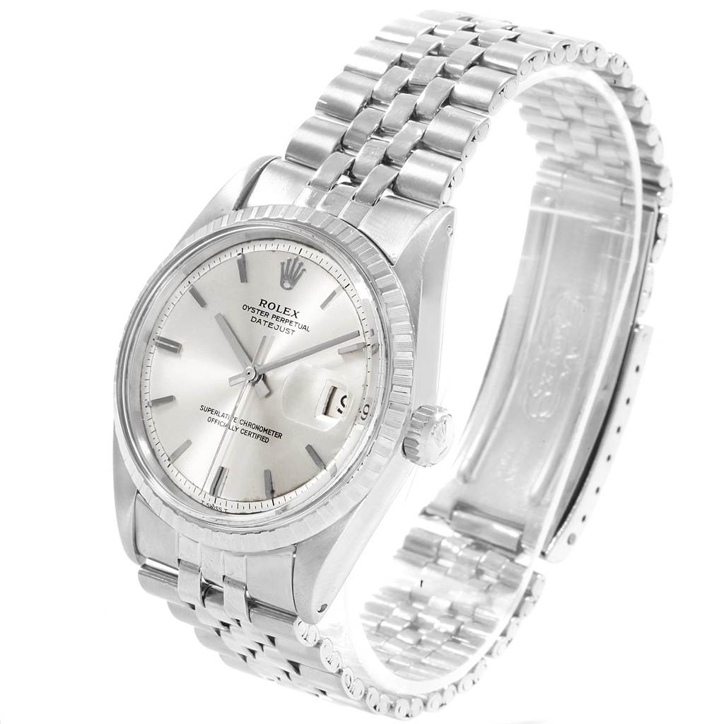 The image shows a Rolex Vintage Collection 1601 Men's Stainless Steel Silver Dial 1601 Men's Stainless Steel Silver Dial watch from an angled top view, highlighting its face, bezel, and bracelet.