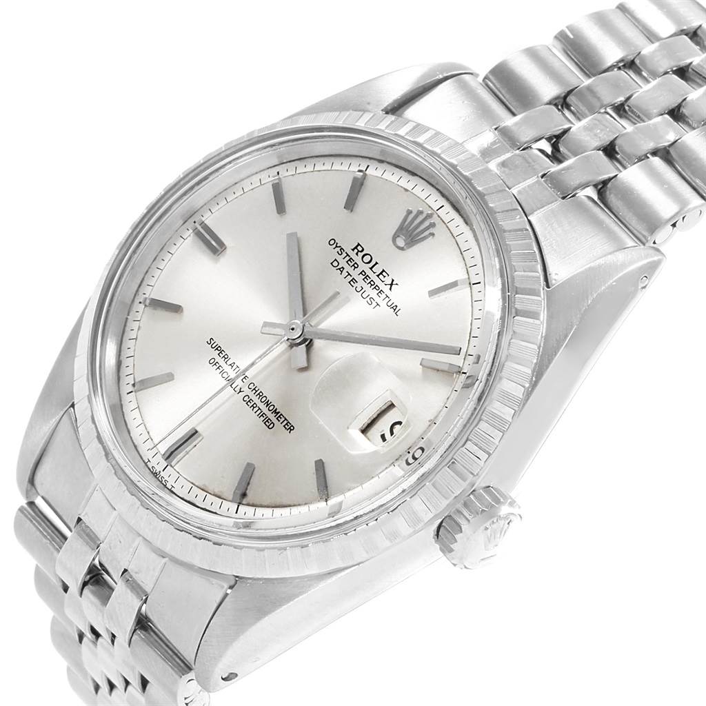 The image showcases a Rolex Vintage Collection 1601 Men's Stainless Steel Silver Dial 1601 Men's Stainless Steel Silver Dial model, angled to highlight the dial, bezel, crown, and bracelet.