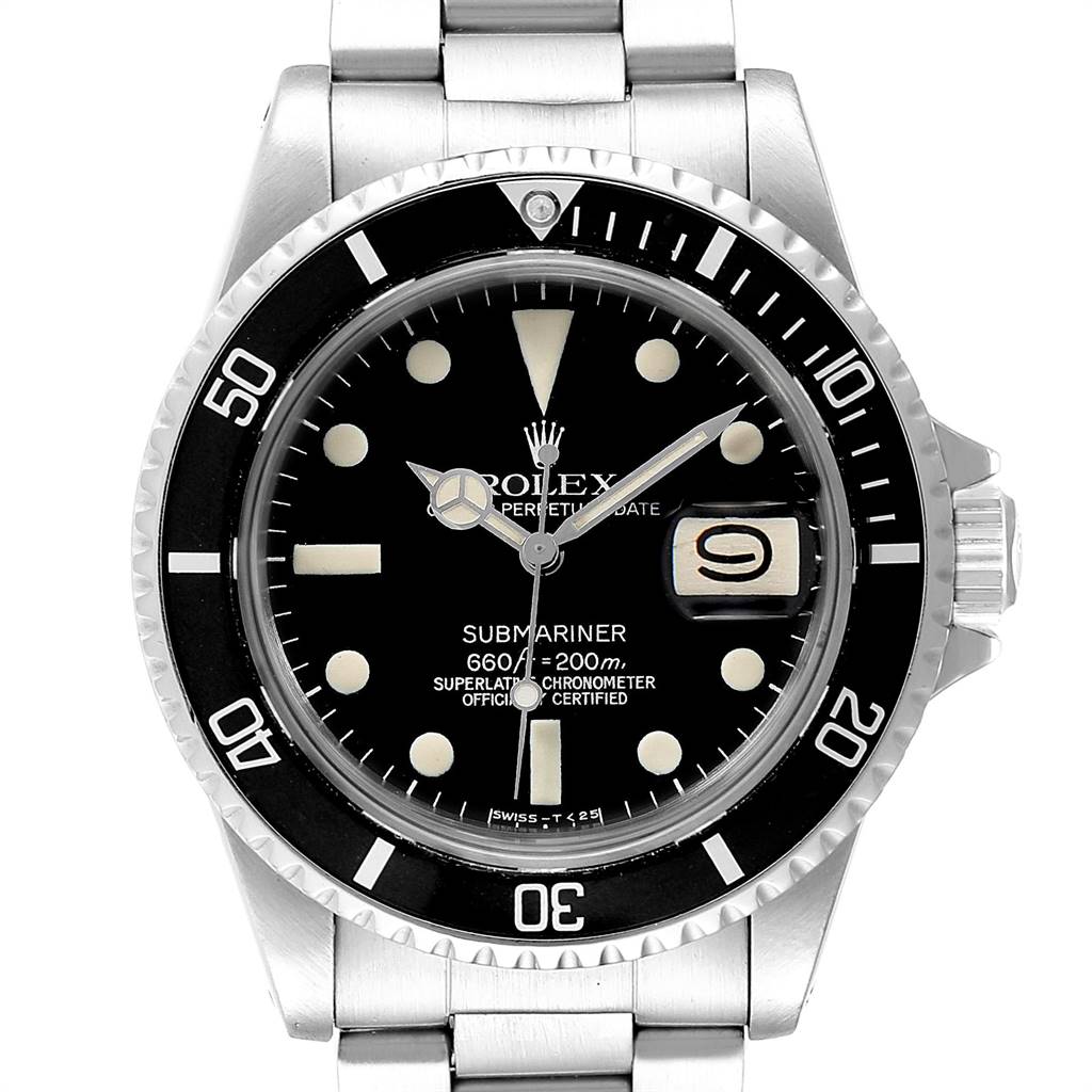 This is a front view of the Rolex Vintage Collection 1680 Men's Stainless Steel Black Dial 1680 Men's Stainless Steel Black Dial Submariner watch, showing the dial, bezel, and bracelet.