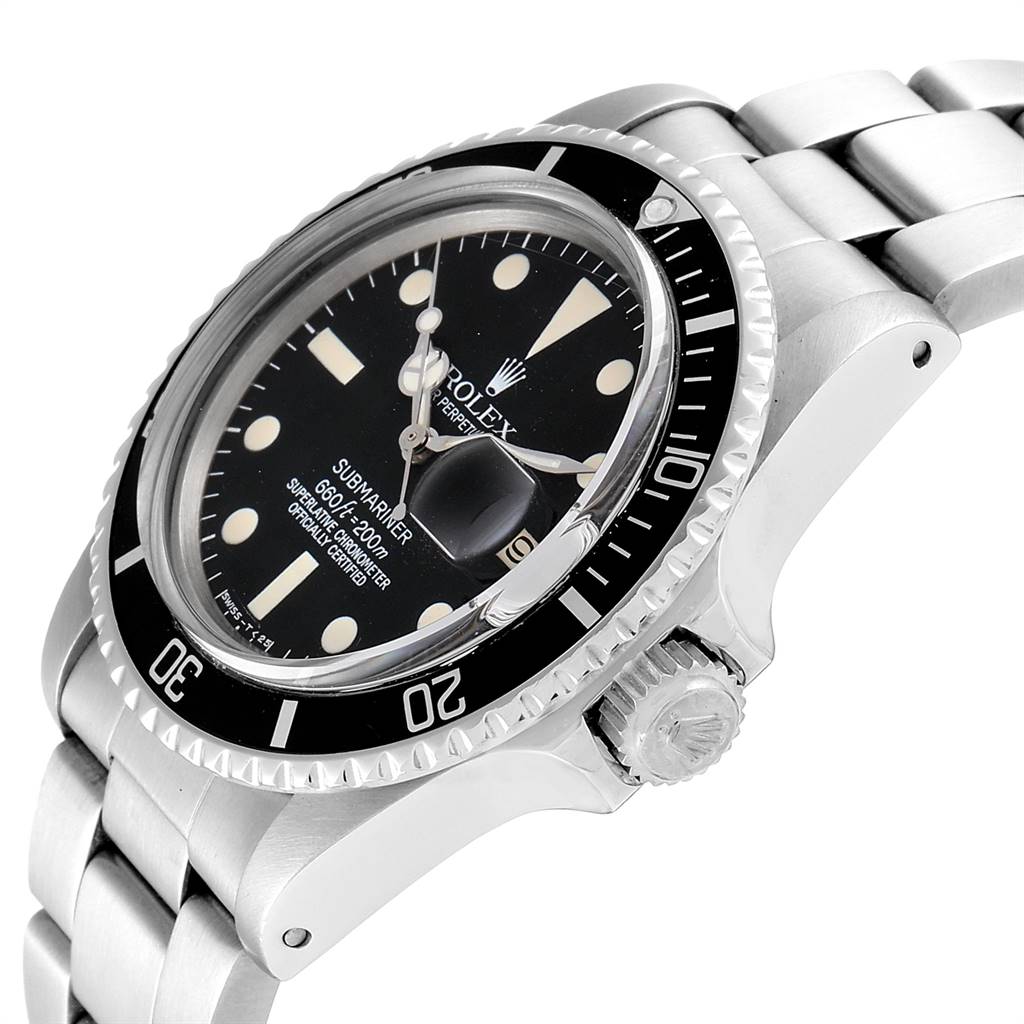 The image shows a side angle of the Rolex Vintage Collection 1680 Men's Stainless Steel Black Dial 1680 Men's Stainless Steel Black Dial Submariner watch, focusing on its bezel, dial, and bracelet.