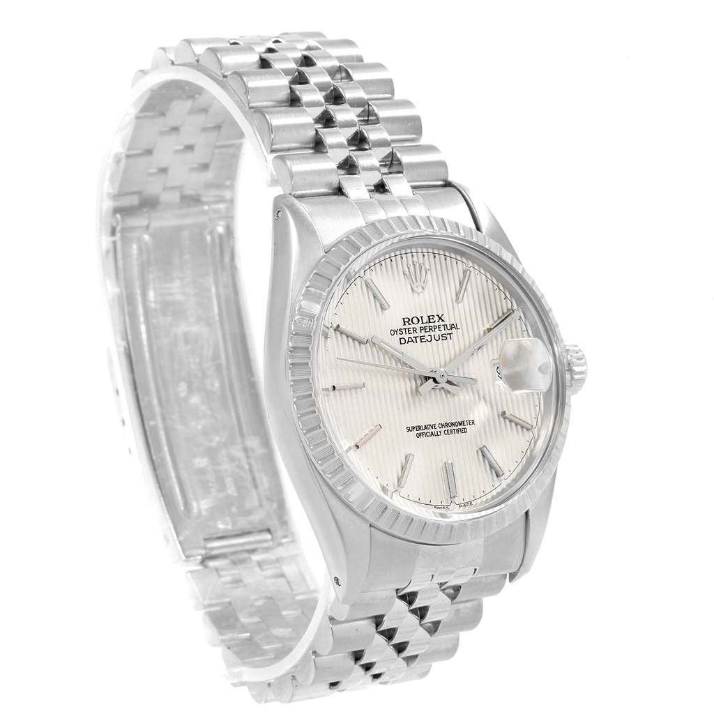 The Rolex Vintage Collection 16030 Men's Stainless Steel Silver Dial 16030 Men's Stainless Steel Silver Dial Datejust model watch is shown at a 2 o'clock angle, displaying its face, crown, and bracelet.