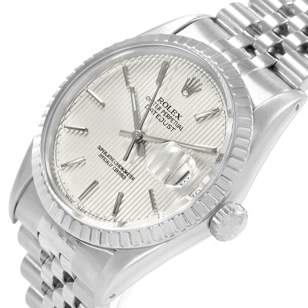 This image shows a close-up angle of the Rolex Vintage Collection 16030 Men's Stainless Steel Silver Dial 16030 Men's Stainless Steel Silver Dial model, highlighting the dial, crown, and part of the bracelet.