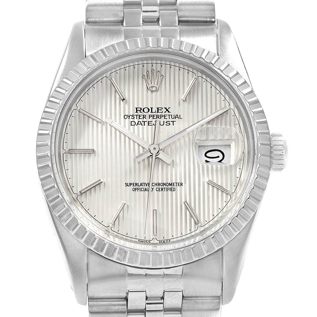 The image is a frontal view of a Rolex Oyster Perpetual Datejust from the Vintage Collection, showing the dial, bezel, crown, and part of the bracelet.