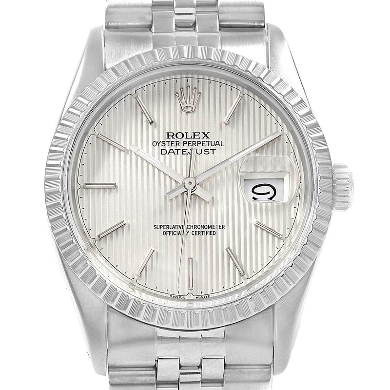 Rolex Datejust Vintage Silver Tapestry Dial Steel Mens Watch 16030 SwissWatchExpo