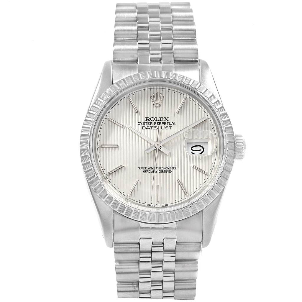 The image shows a front view of the Rolex Vintage Collection 16030 Men's Stainless Steel Silver Dial 16030 Men's Stainless Steel Silver Dial watch, highlighting the dial, bezel, and stainless steel bracelet.