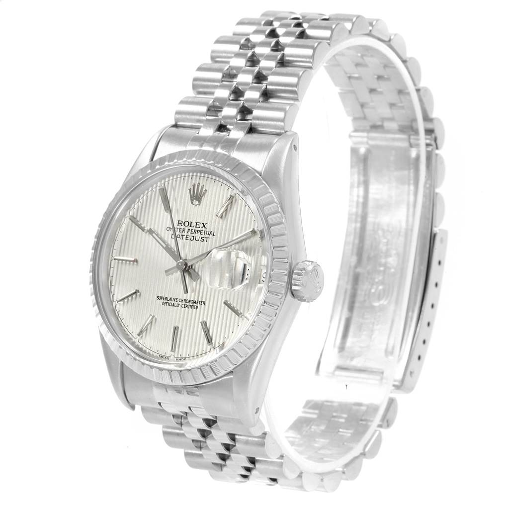 The image shows a front-side angle of a Rolex Vintage Collection 16030 Men's Stainless Steel Silver Dial 16030 Men's Stainless Steel Silver Dial watch, focusing on its face, bezel, and metal bracelet.