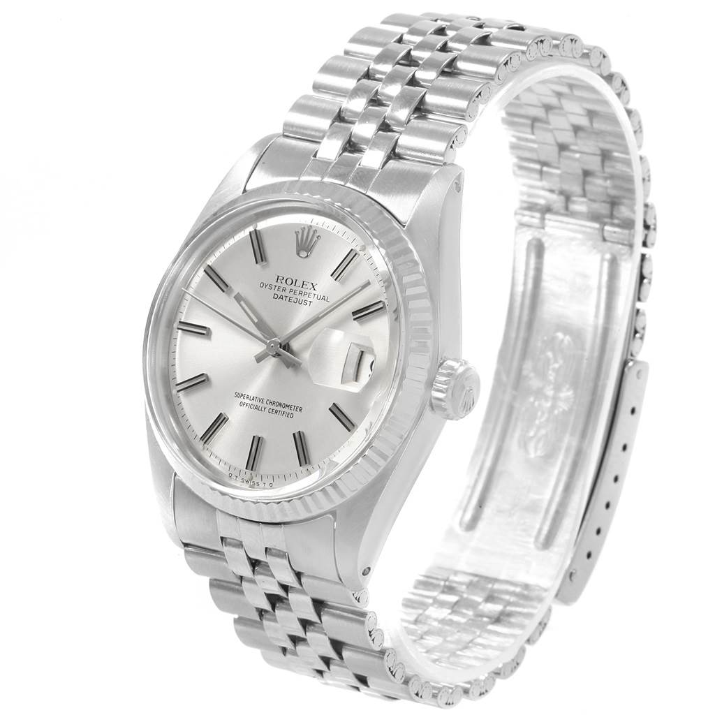 The Rolex Vintage Collection 1601 Men's Stainless Steel Silver Dial 1601 Men's Stainless Steel Silver Dial model is shown from a front angle, displaying its face, dial, hands, bezel, crown, and bracelet.