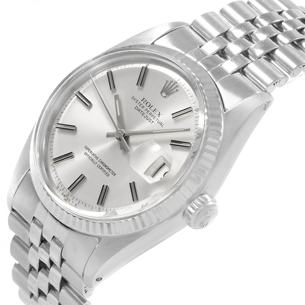 The image shows a close-up angle of the Rolex Vintage Collection 1601 Men's Stainless Steel Silver Dial 1601 Men's Stainless Steel Silver Dial watch, highlighting the face, bezel, crown, and part of the bracelet.