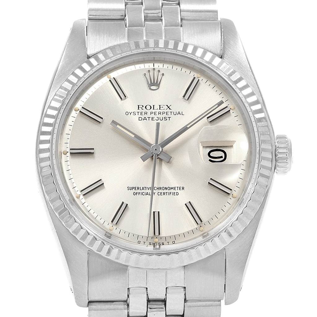 The Rolex Vintage Collection 1601 Men's Stainless Steel Silver Dial 1601 Men's Stainless Steel Silver Dial watch is shown from the front, featuring the dial, bezel, case, and part of the bracelet.