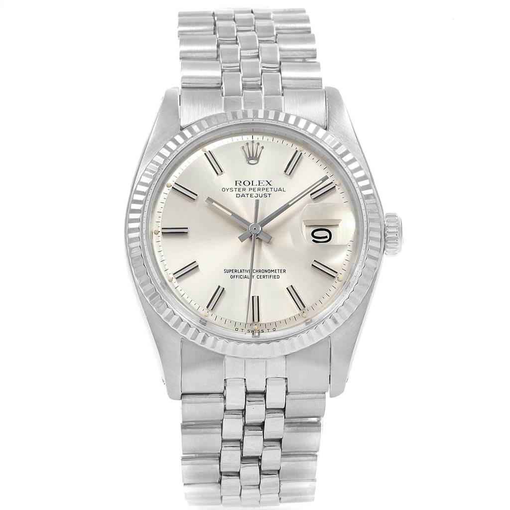 The Rolex Vintage Collection 1601 Men's Stainless Steel Silver Dial 1601 Men's Stainless Steel Silver Dial model is shown from a front angle, displaying its dial, bracelet, and crown.