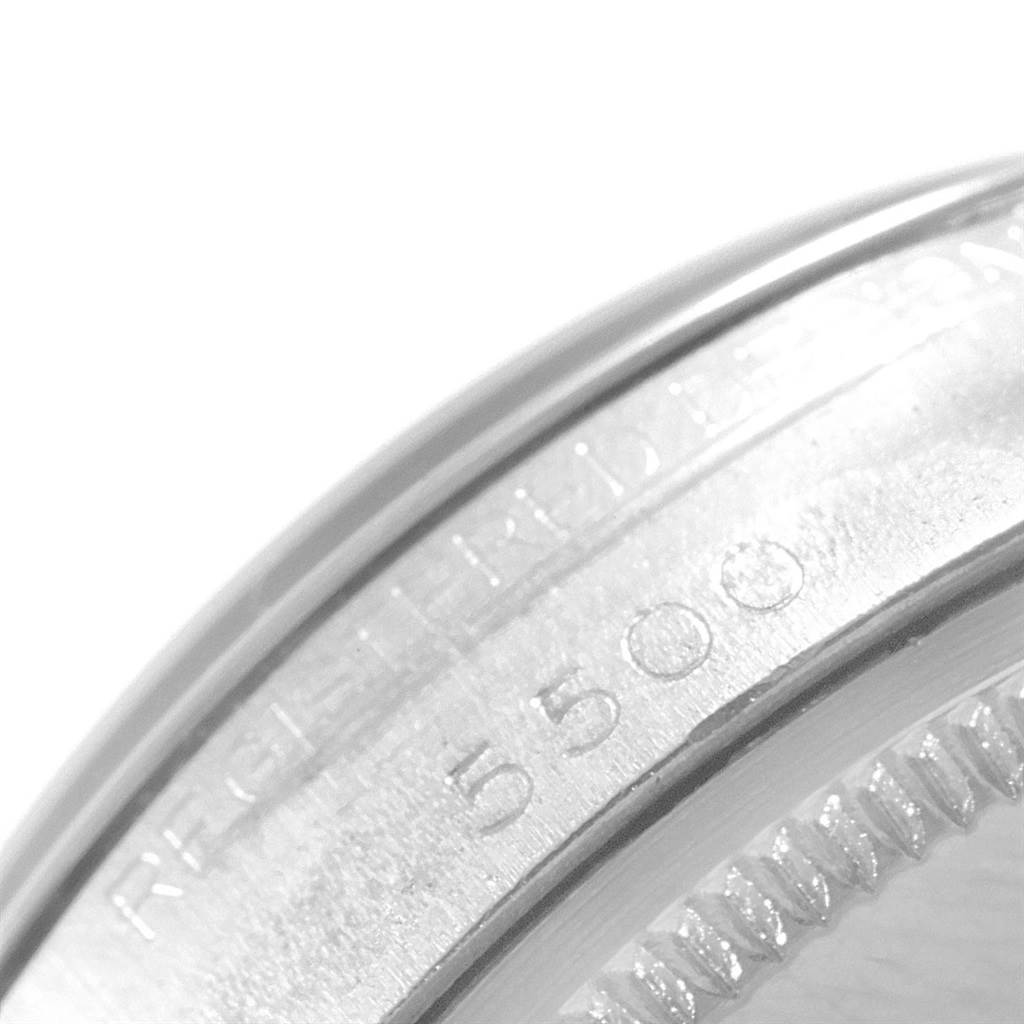 The image shows a close-up of the engraved case side of the Rolex Vintage Collection 5500 Men's Stainless Steel Silver Dial 5500 Men's Stainless Steel Silver Dial model 5500.