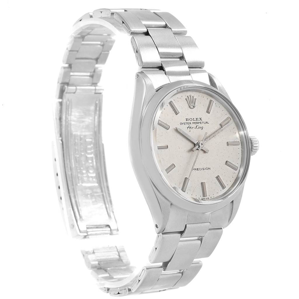 This image shows a side angle of the Rolex Vintage Collection 5500 Men's Stainless Steel Silver Dial 5500 Men's Stainless Steel Silver Dial Air-King watch, highlighting its face, bezel, and bracelet.